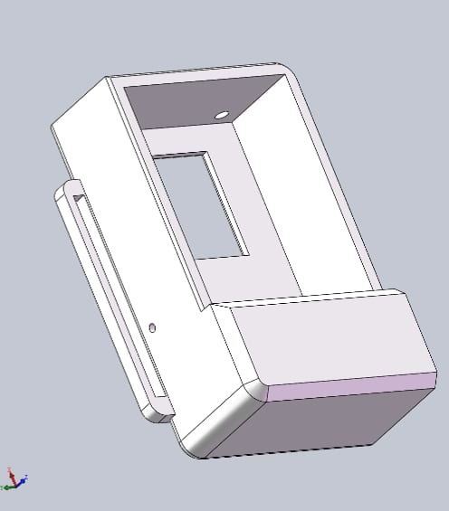 外壳的 SolidWorks 实体模型渲染，可见全边倒角与屏幕开口